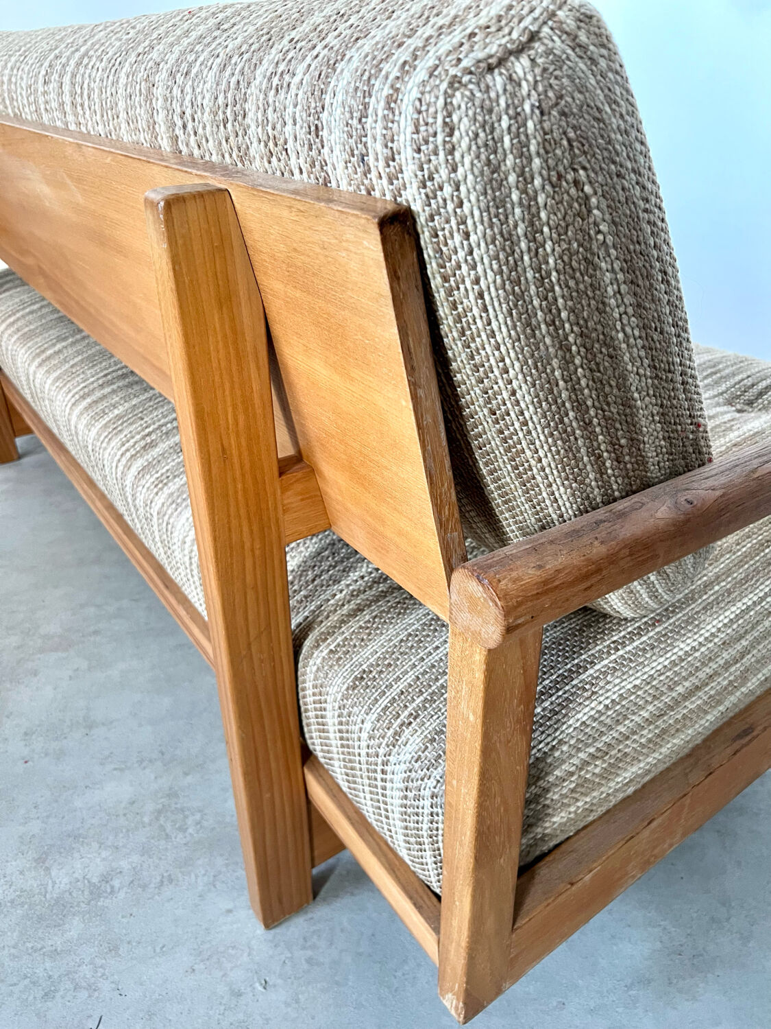 Old wooden sofa vintage brutalist design 60s