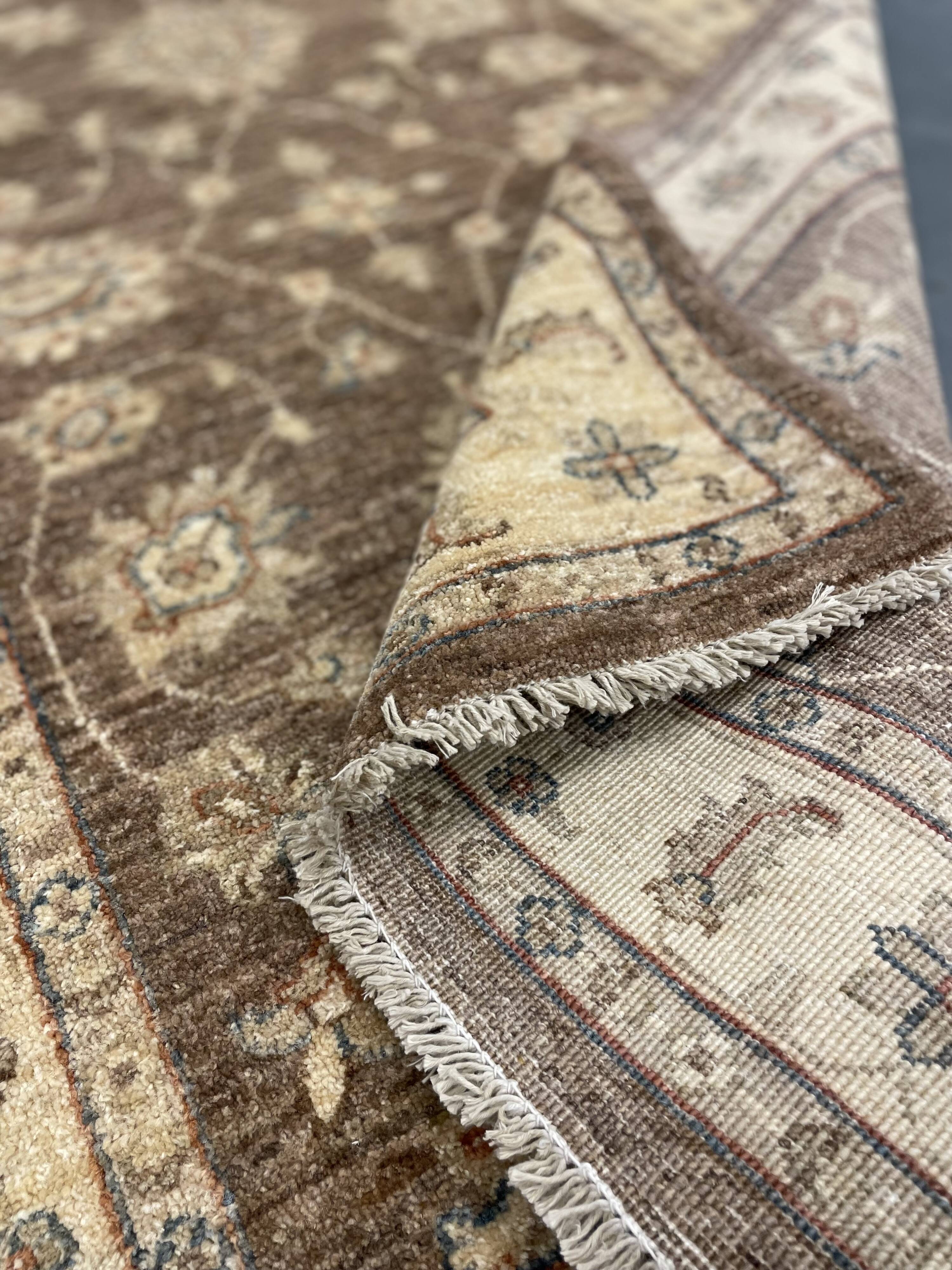 Brown Wool Rug, Handmade Floral Ziegler Carpet 148x96cm Oriental Decor
