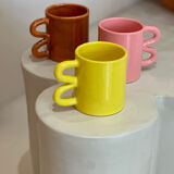 Mug cup ceramic handle graphic wave design colorful lemon yellow