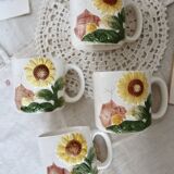 Set of 4 vintage barbotine cups / mugs with polychrome sunflower pattern