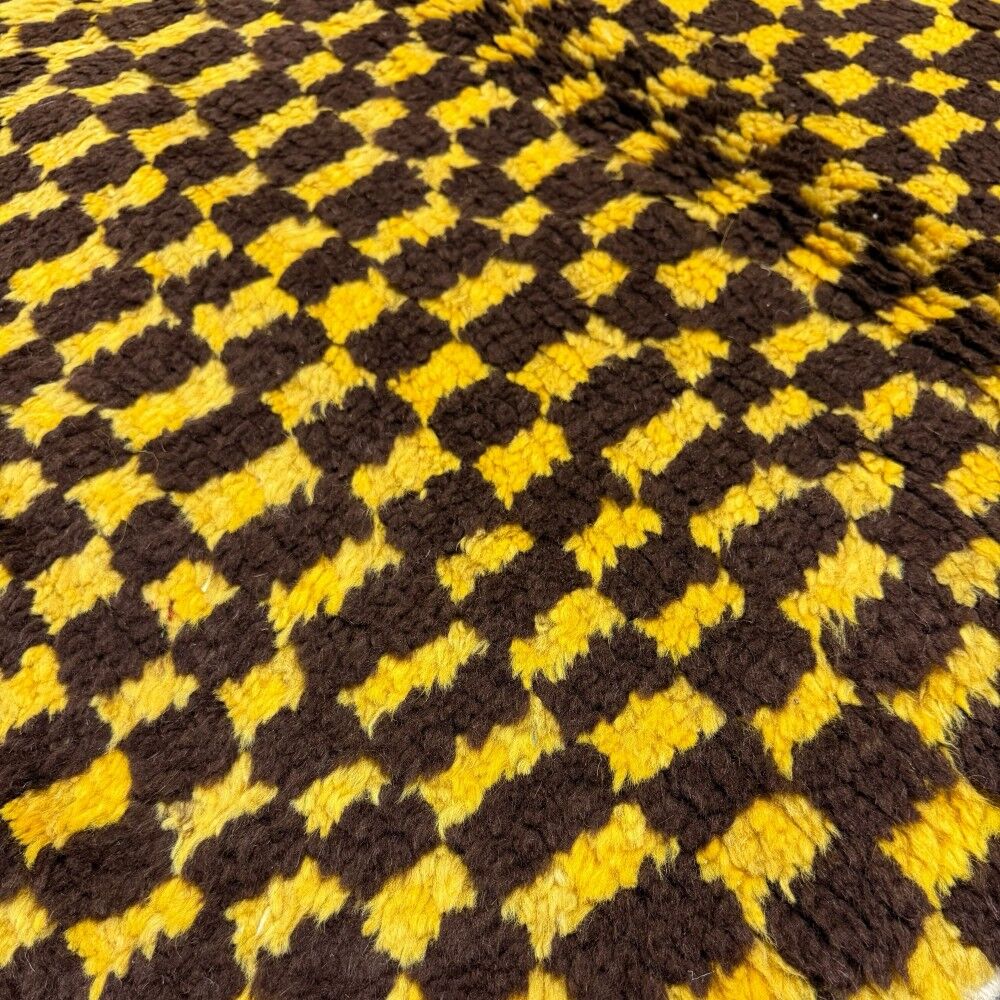 Hand-Knotted Checkered Tulu Rug. 100% Wool. Brown & Mustard Yellow Carpet. Custom Options Available