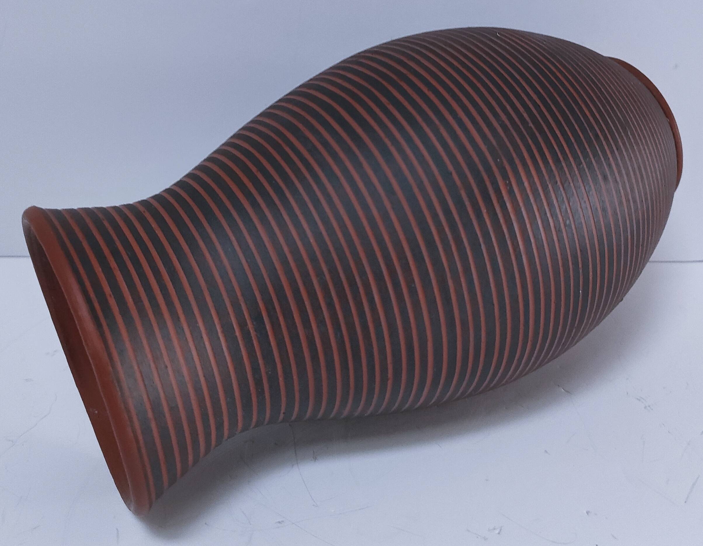 two-tone striped clay vase from the 1960s, signed