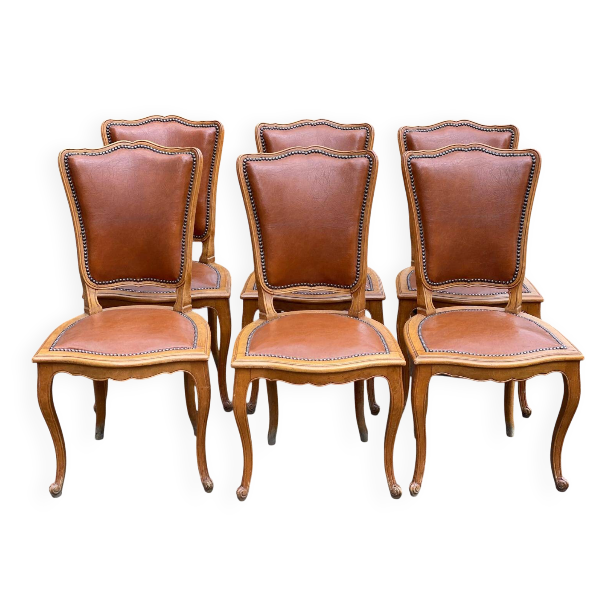 6 solid wood and leather chairs in Louis XV style