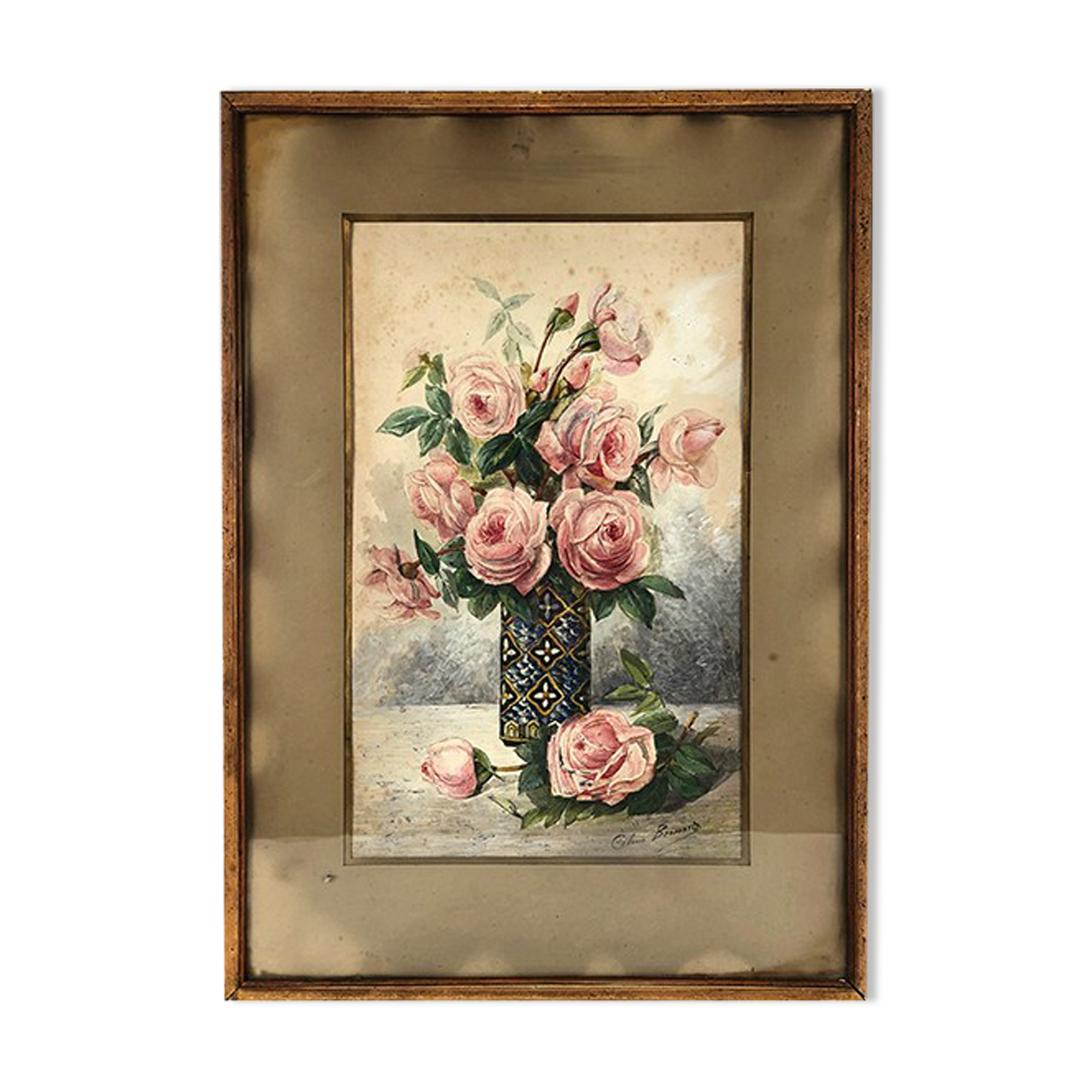 Watercolor "Bouquet of roses", framed and signed