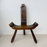 Brutalist hand carved oak Spanish tripod chair , 1970s