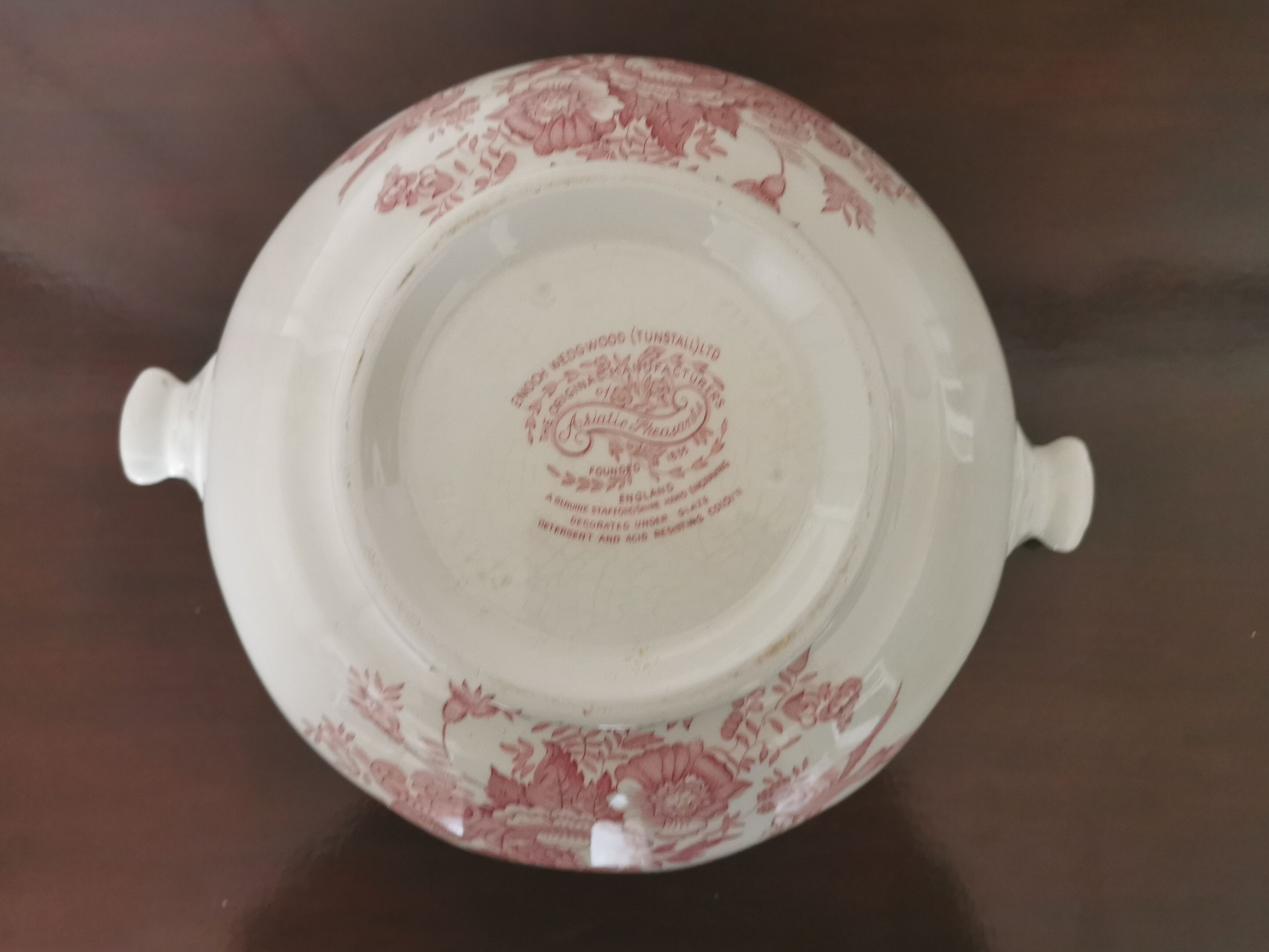 English soup bowl with purple floral motifs
