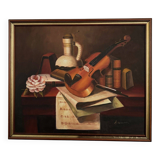 Oil on canvas still life with violin 20th century by A. Warner