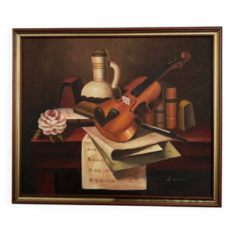 Oil on canvas still life with violin 20th century by A. Warner