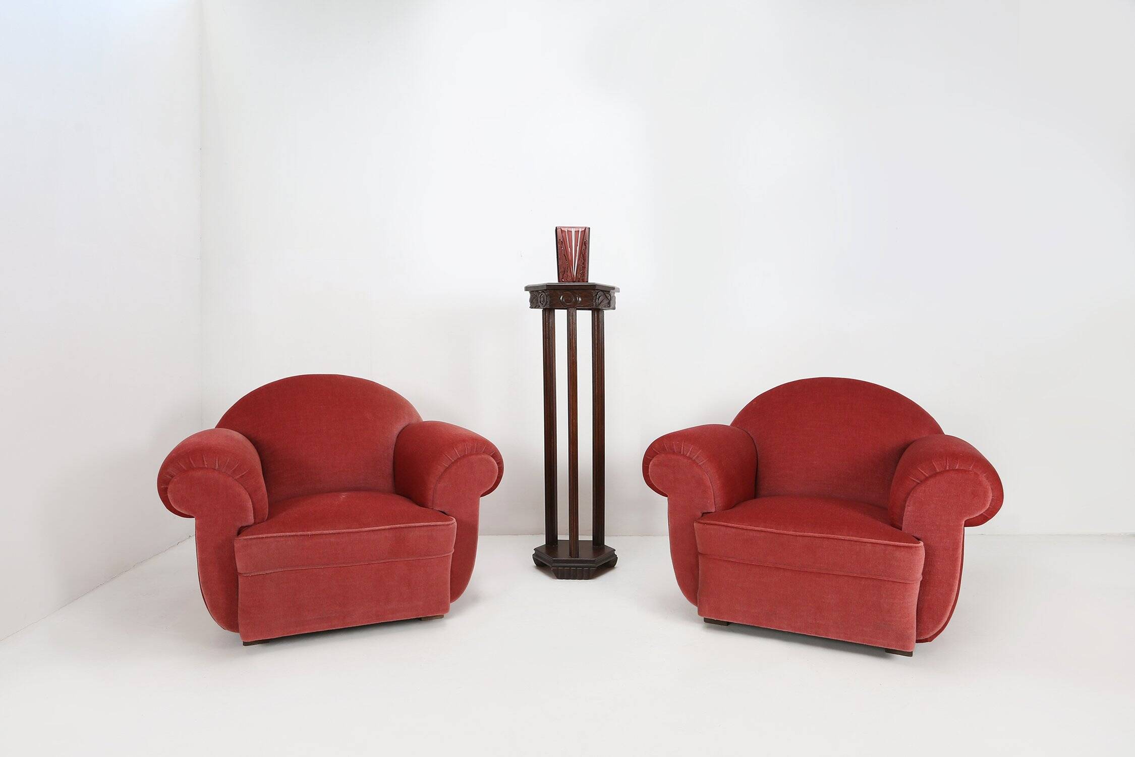 Set of 3 French Art Deco Red velvet Upholstered Armchairs, 1930s