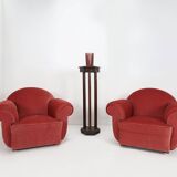 Set of 3 French Art Deco Red velvet Upholstered Armchairs, 1930s