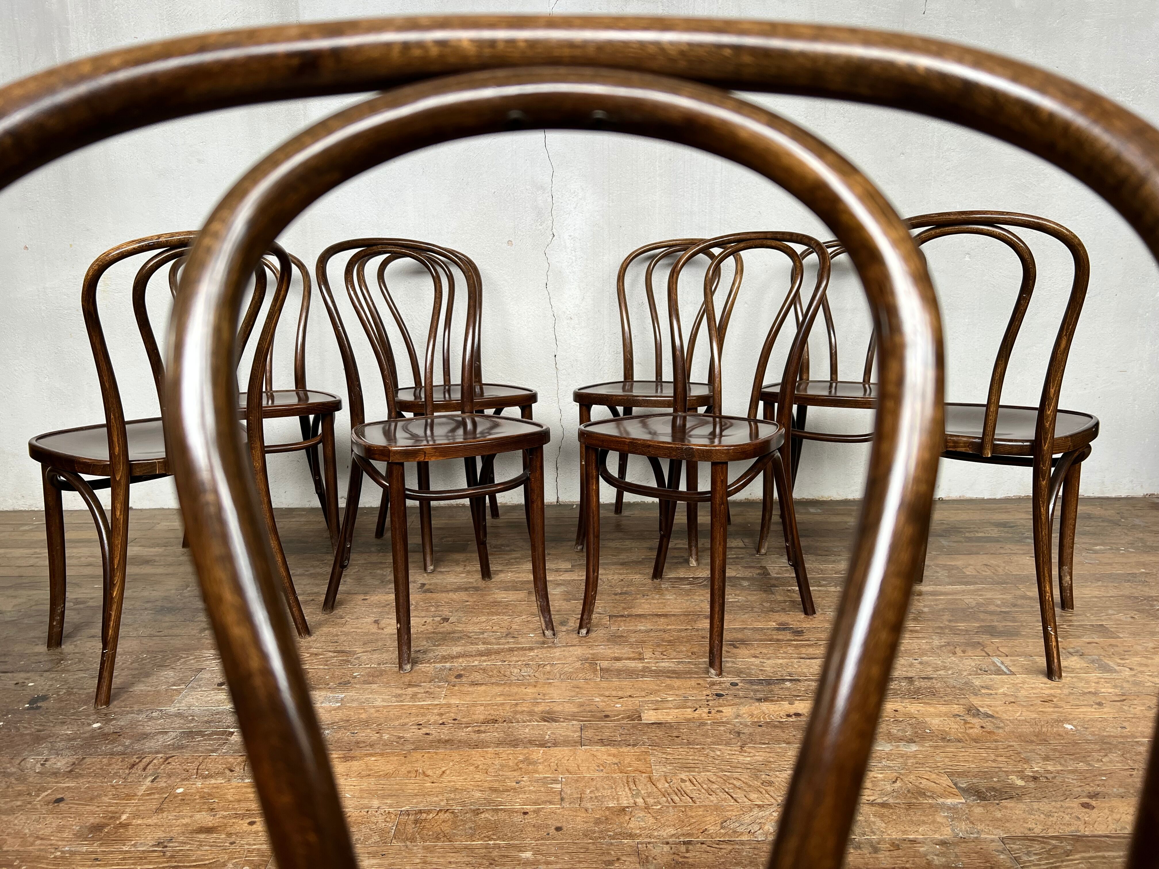 Series of 8 bistro chairs troquet wood curved vintage 1960