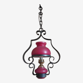 Iron and red glass chandelier