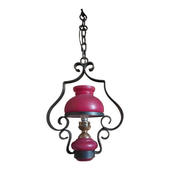 Iron and red glass chandelier