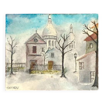 Sacré-Cœur parisien du milieu du siècle De Montmartre signé peinture originale