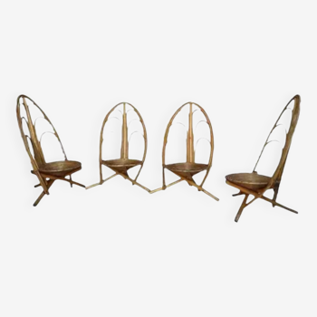 Set de 4 fauteuils en rotin et bois