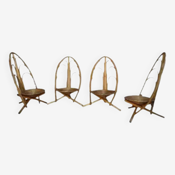 Set of 4 rattan and wood armchairs