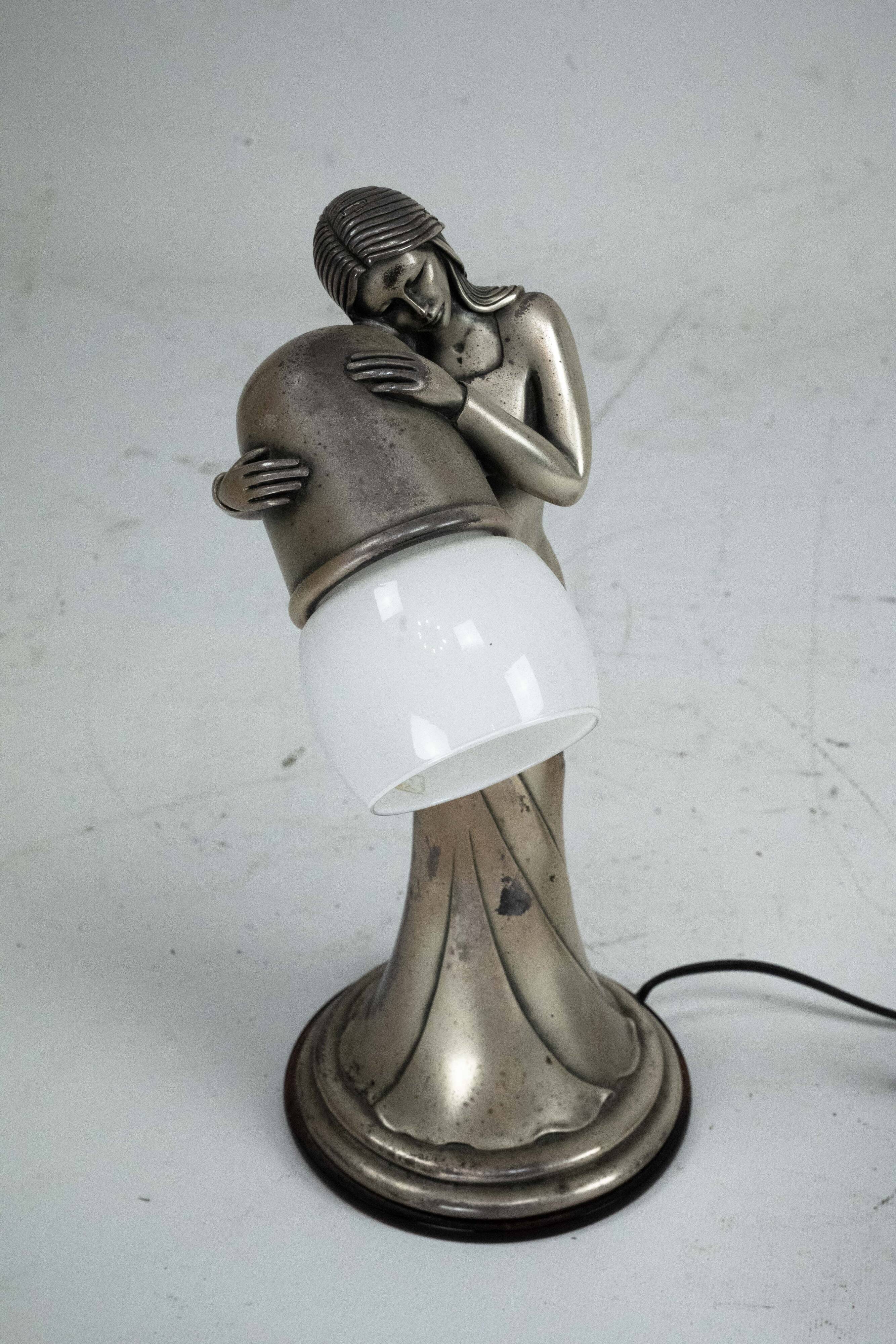 Silver Vermeil Figural Table Lamp with Opaline Glass. Italy 1960s