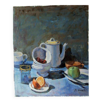 20th Century Large Acrylic Still Life Painting of Fruit and Cup of Tea