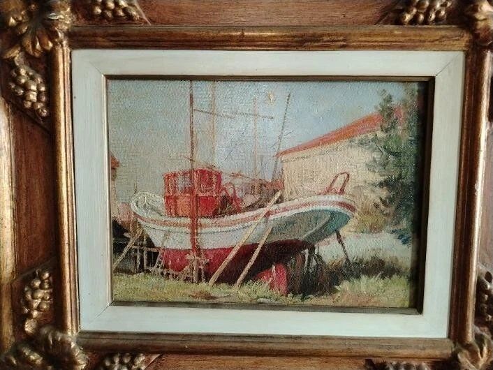 Marine Painting in Oil on Masonite, First Half of the 20th Century, Signed, Gilded Wooden Frame