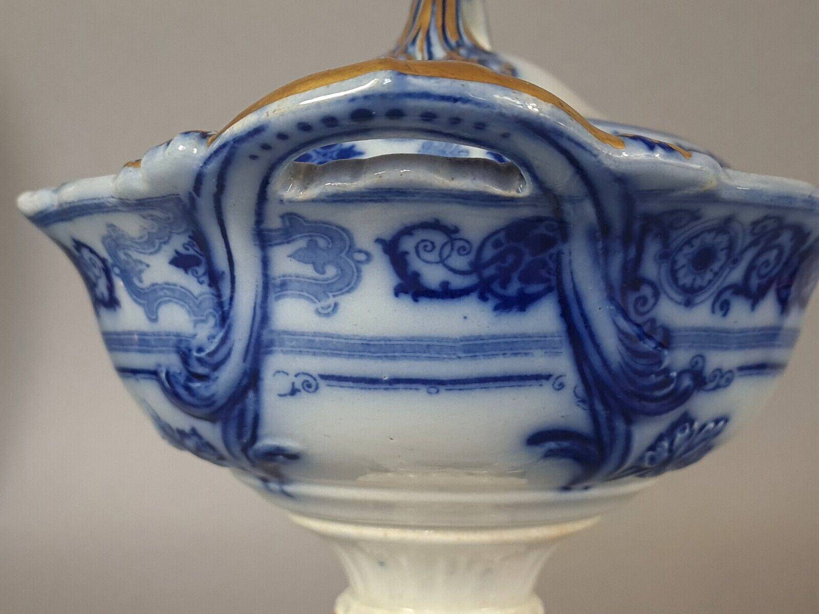 Beautiful covered tripod compote dish in blue and gold earthenware from the late 19th century SC