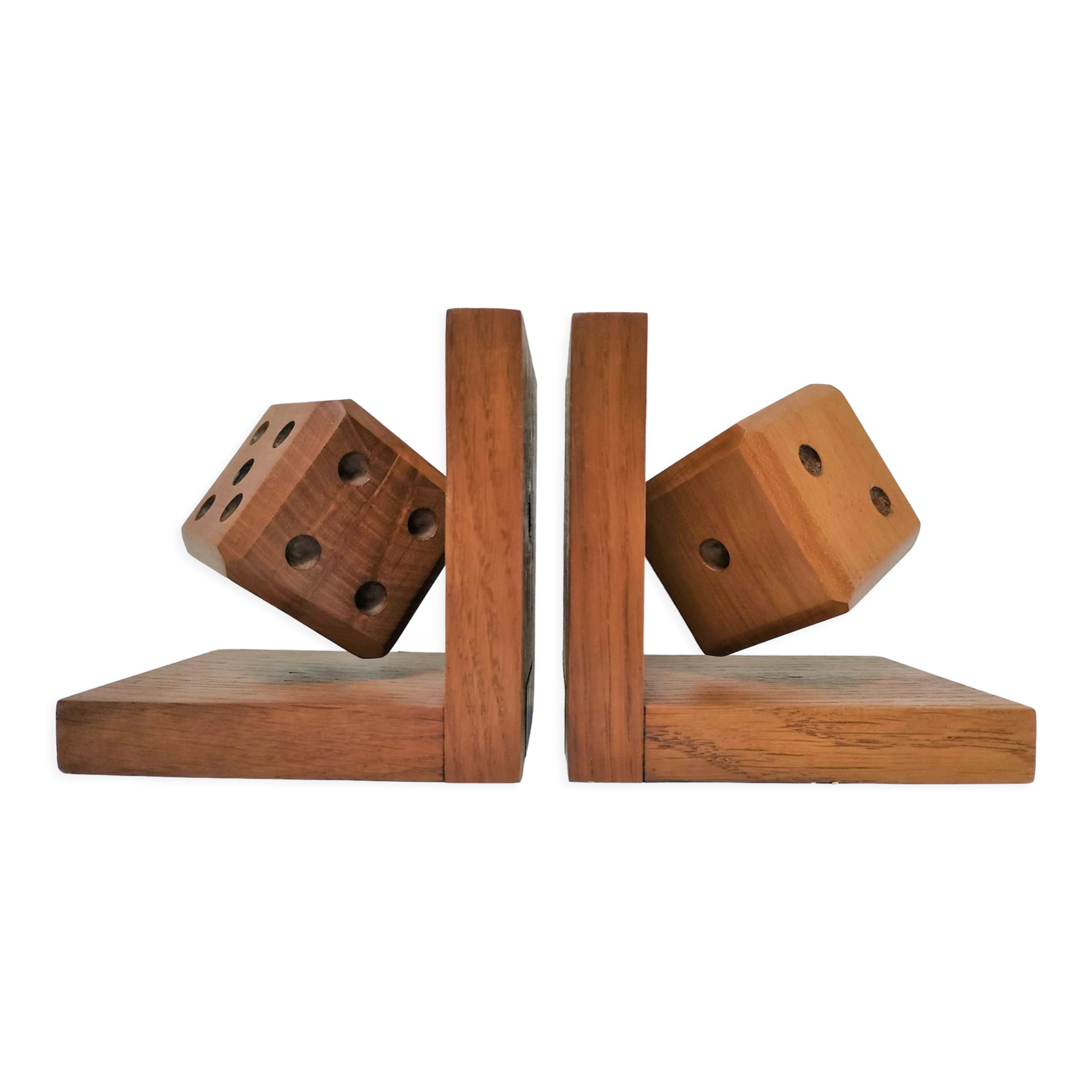Pair of bookends style Art Deco oak decoration dice