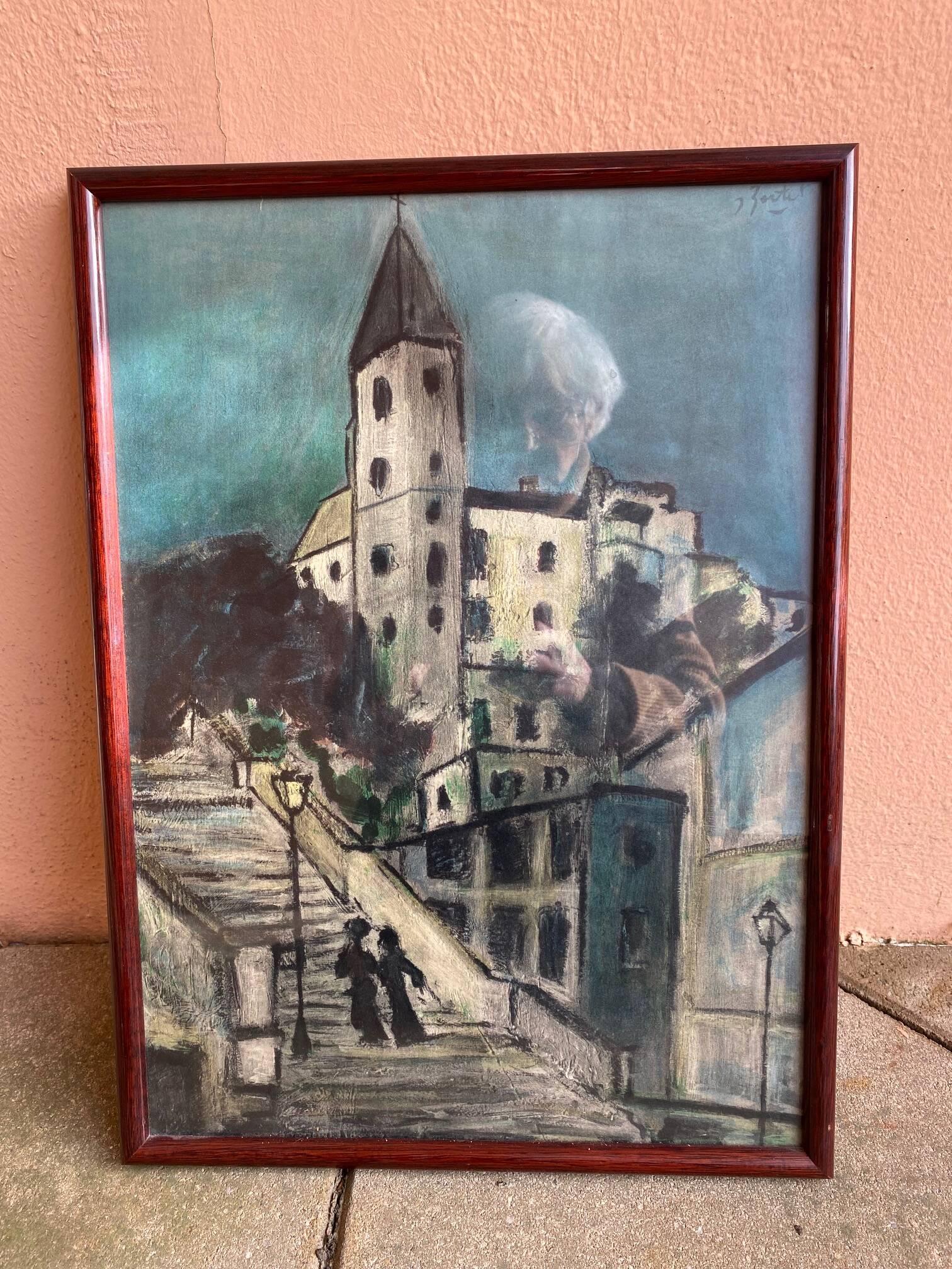Painting steps of montmartre gouache on paper signed jartet? early 20th century