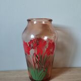Daffodil screen-printed pink molded glass vase