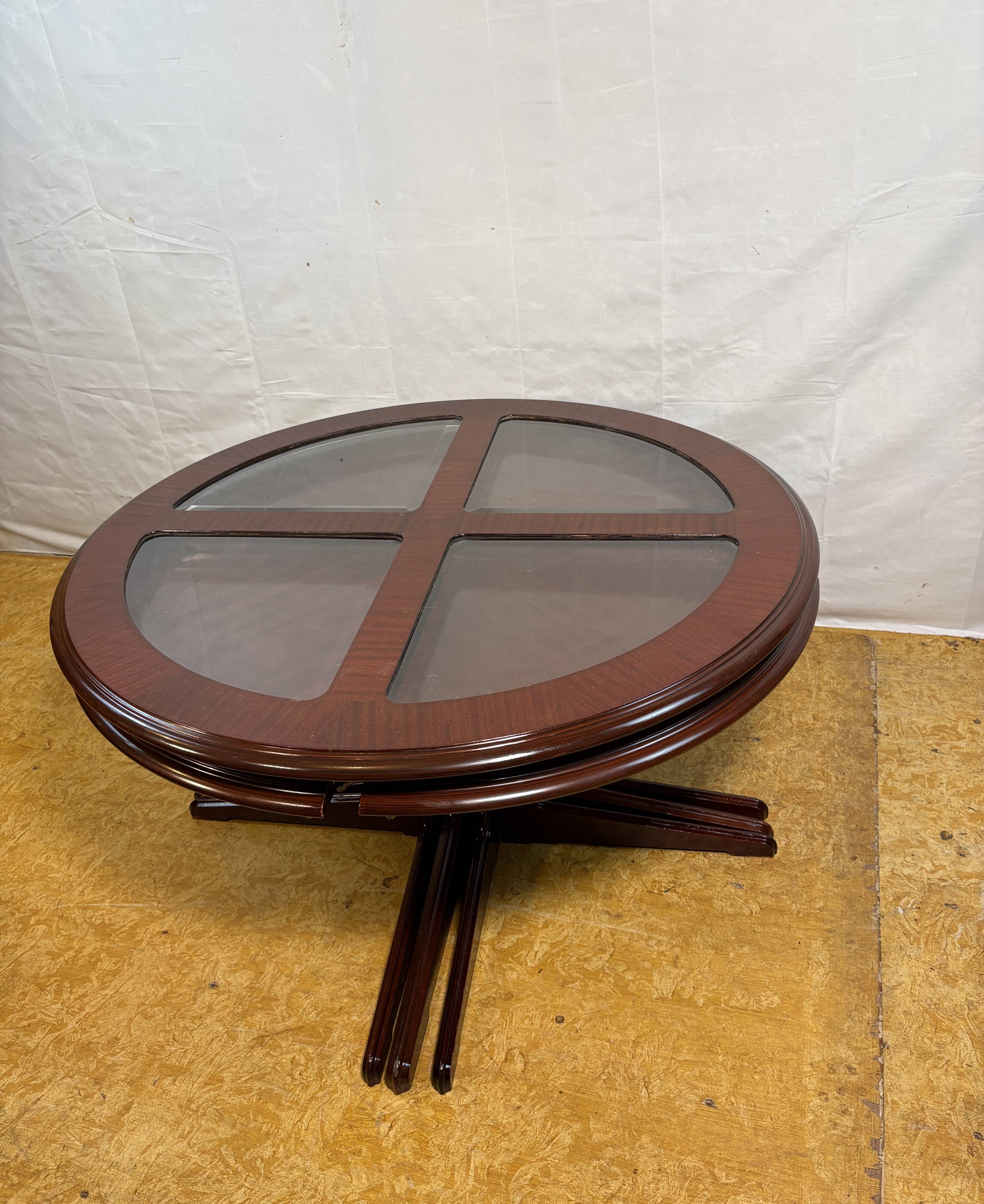 Vintage G-Plan Round Coffee Table & 4 Nested Stools | 1970s | Mahogany & Gl