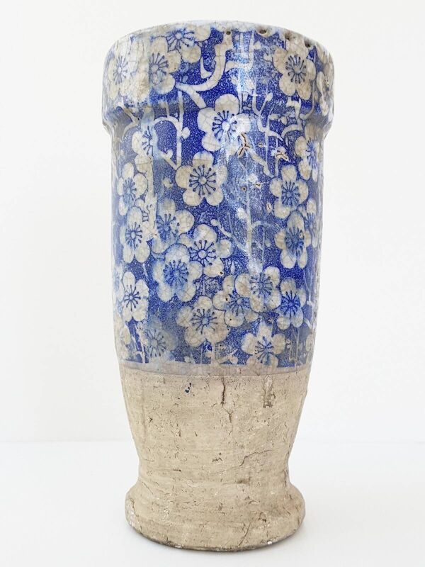 Magnifique vase tres ancien ceramique terre cuite fleurs bleues & blanches