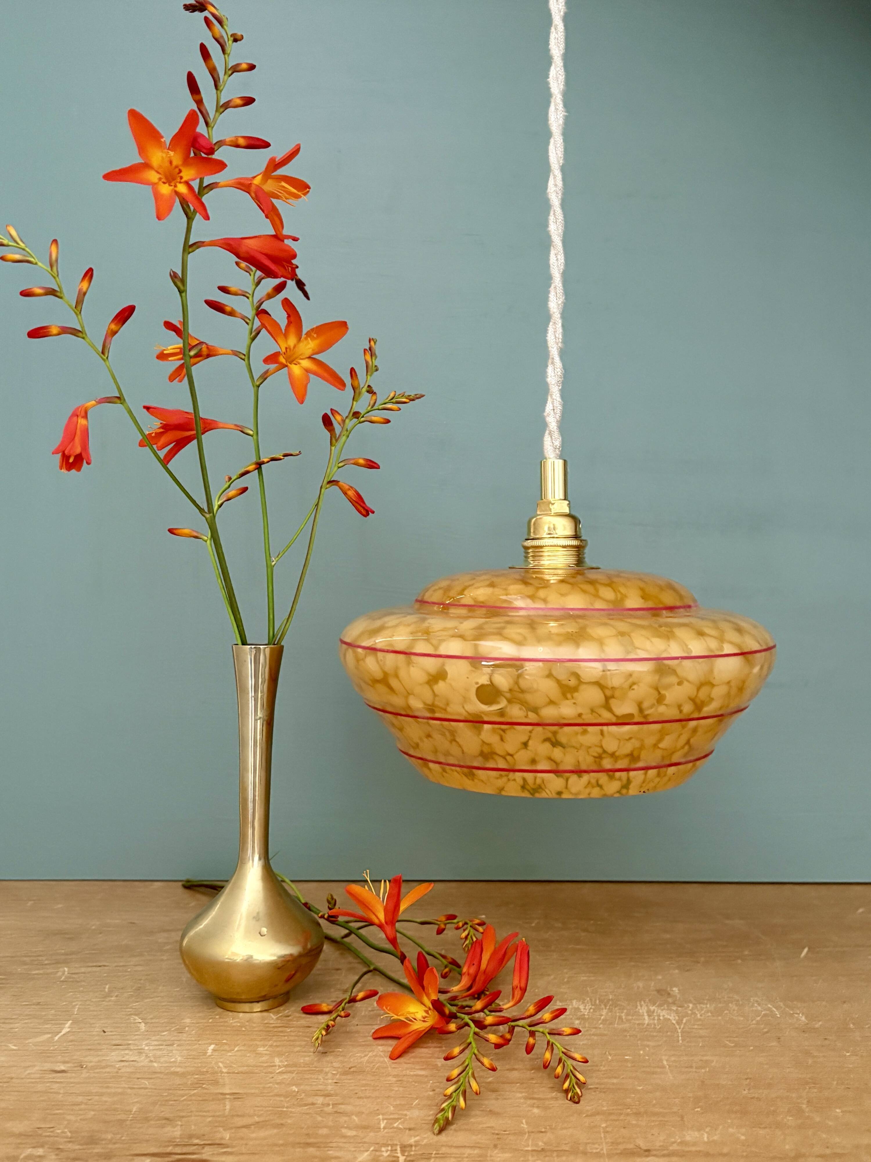 Vintage pendant lamp shade in yellow Clichy glass with red trim