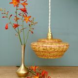 Vintage pendant lamp shade in yellow Clichy glass with red trim