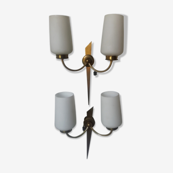 Pair of opaline and brass sconces with 2 branches