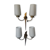 Pair of opaline and brass sconces with 2 branches