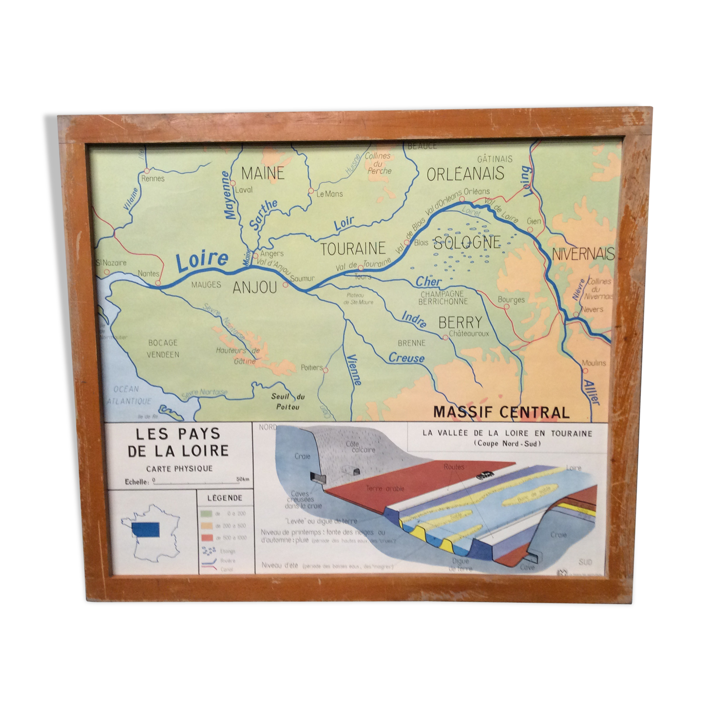 School poster physical map Pays de la Loire / Bretagne Vendée 1960 vintage