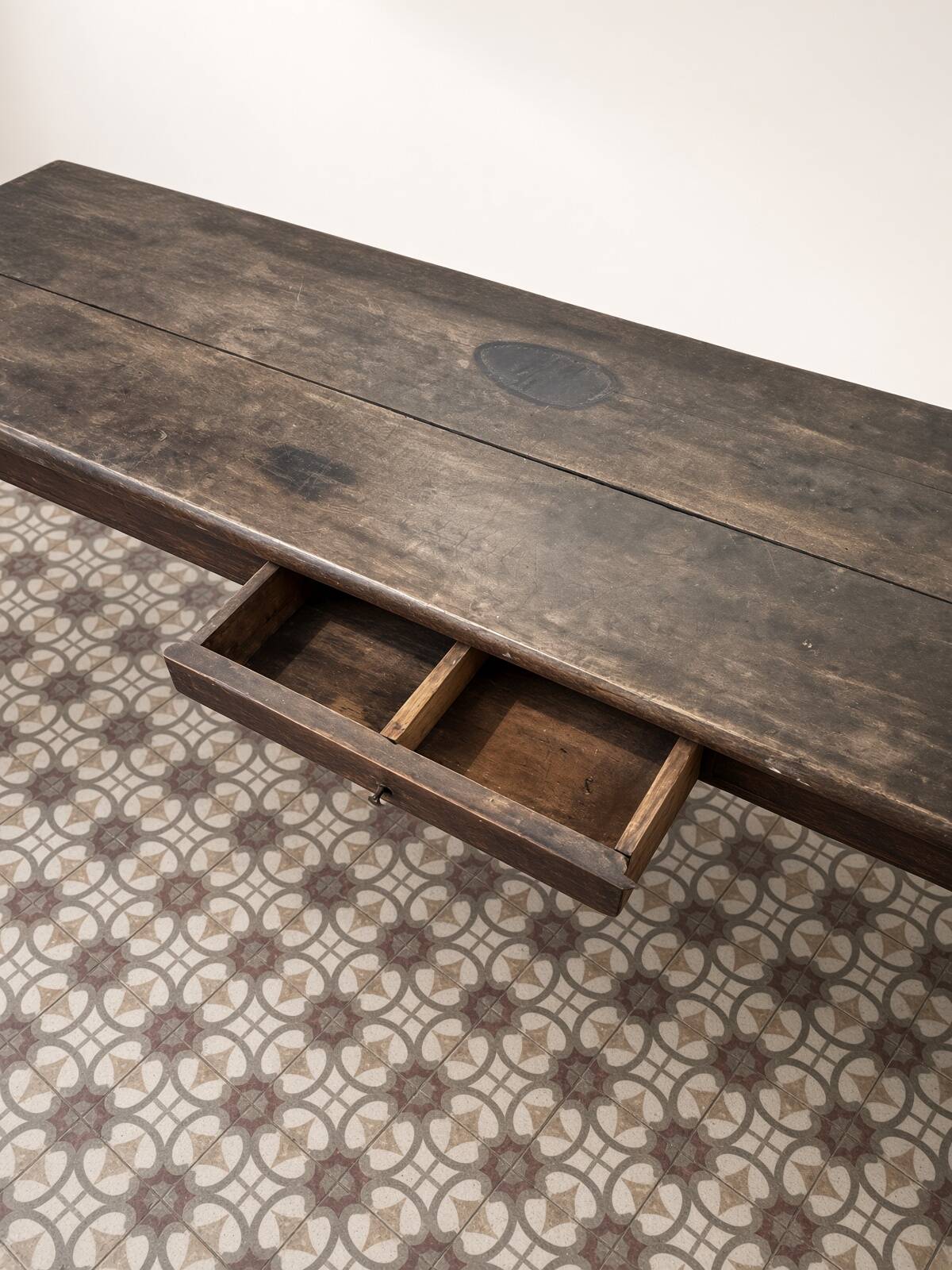 Narrow old wooden farmhouse table