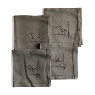 Set of four old towels in pure linen thread embroidered and monogrammed tinted in greige
