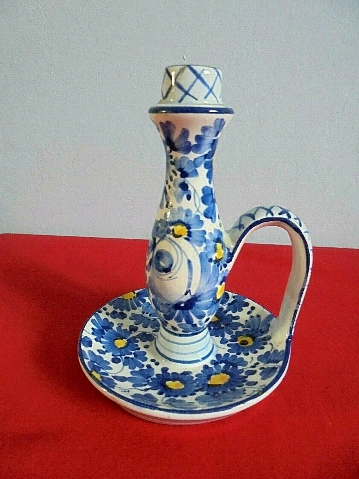 Ceramic candle holder Titano Italy blue and yellow flower patterns
