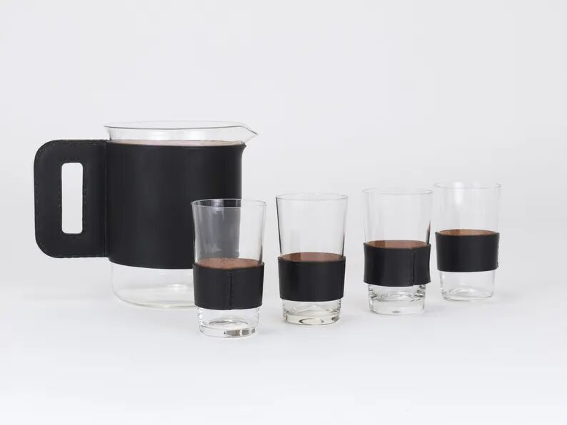 Carl Auböck Martini Set Black Leather Pitcher & Glasses, Austria, 1950s