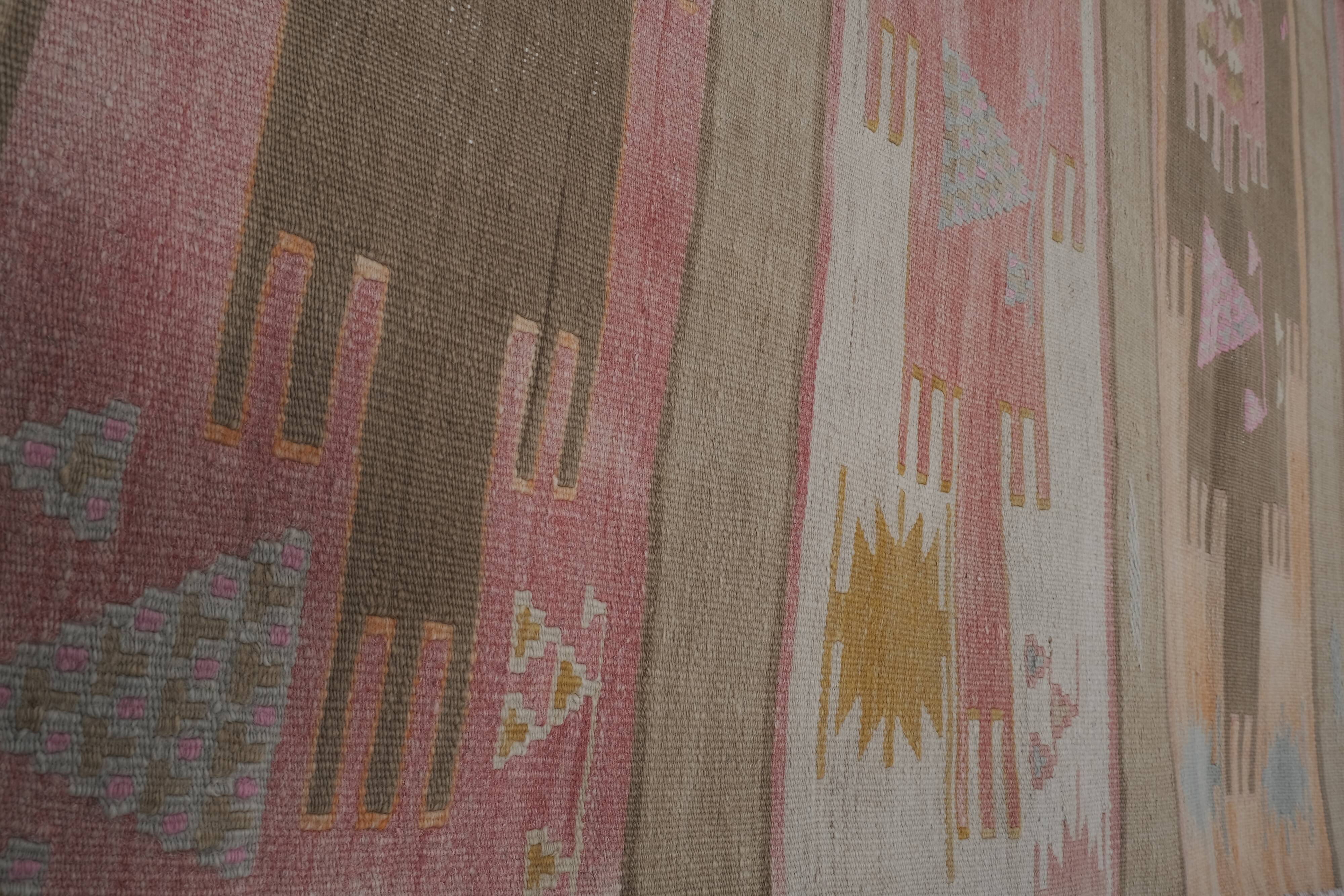 Handwoven Vintage Sivas Kilim Runner in Green Geometric Pattern 2'8'' x 12'6''