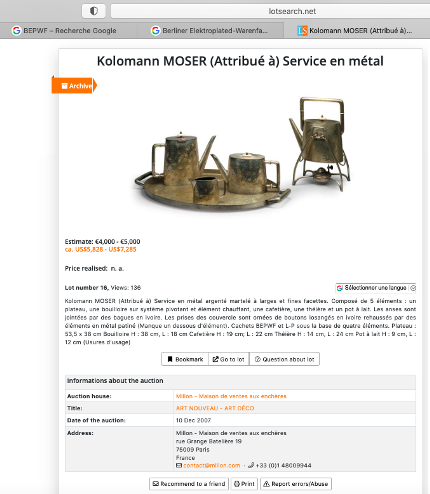 Service à thé et café Art Deco Koloman Moser par BEPWF