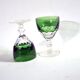 Set of 2 green cut crystal Rhine wine glasses, double H10.8cm.