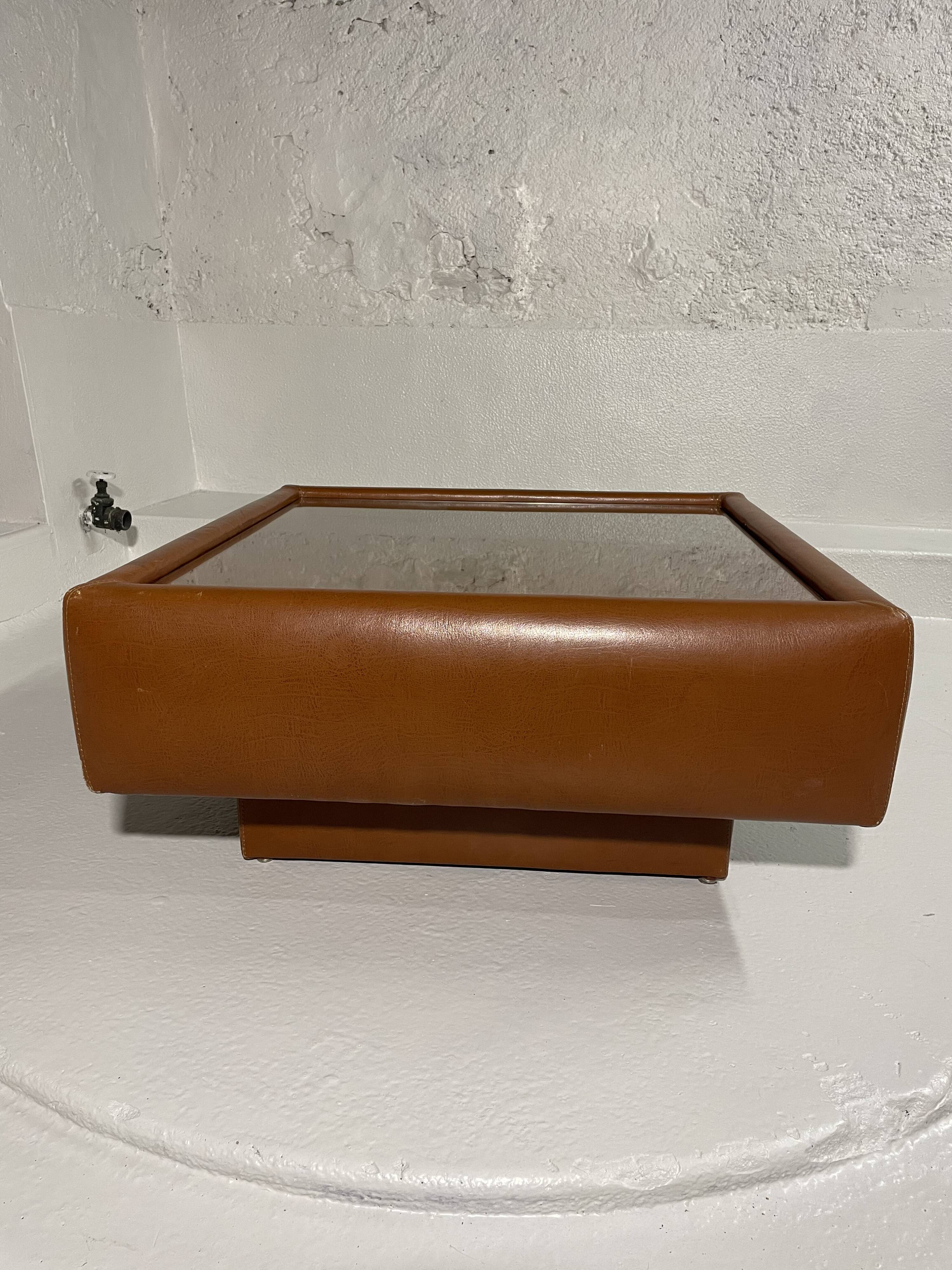 Cognac faux leather & glass coffee table