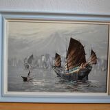 peinture marine voiliers bord de mer en Asie HSP signé