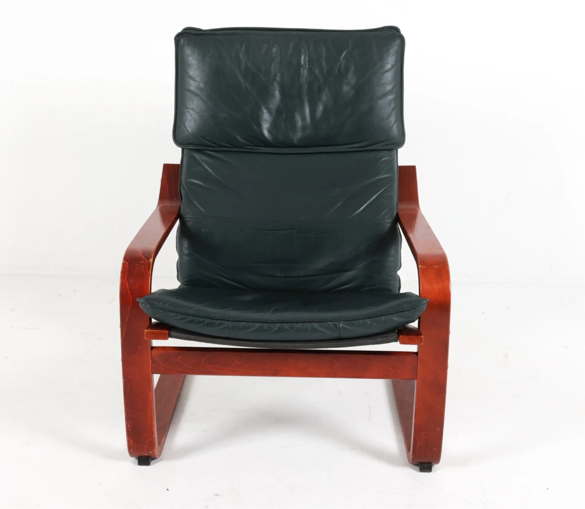 Vintage Scandinavian POÄNG armchair in fir green leather – IKEA, 1980s