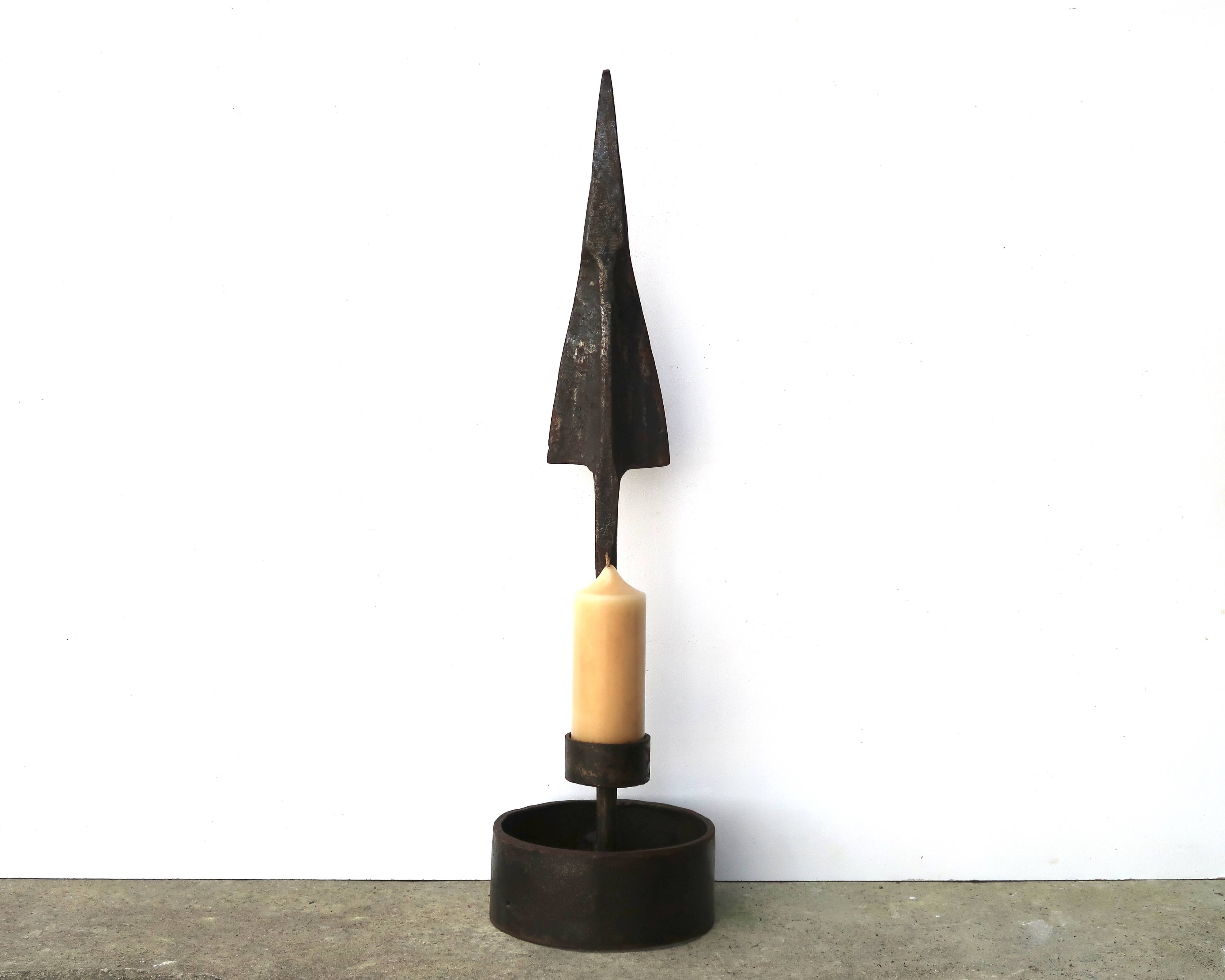Imposing brutalist wrought iron candlestick "spear", signed, 1950s.
