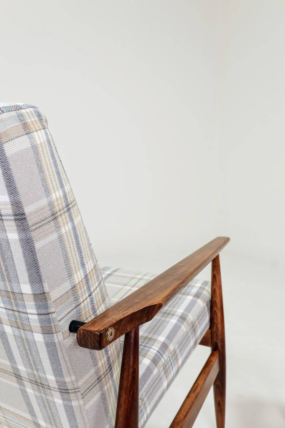 Vintage armchair and footstool in beige blue tartan, modern design