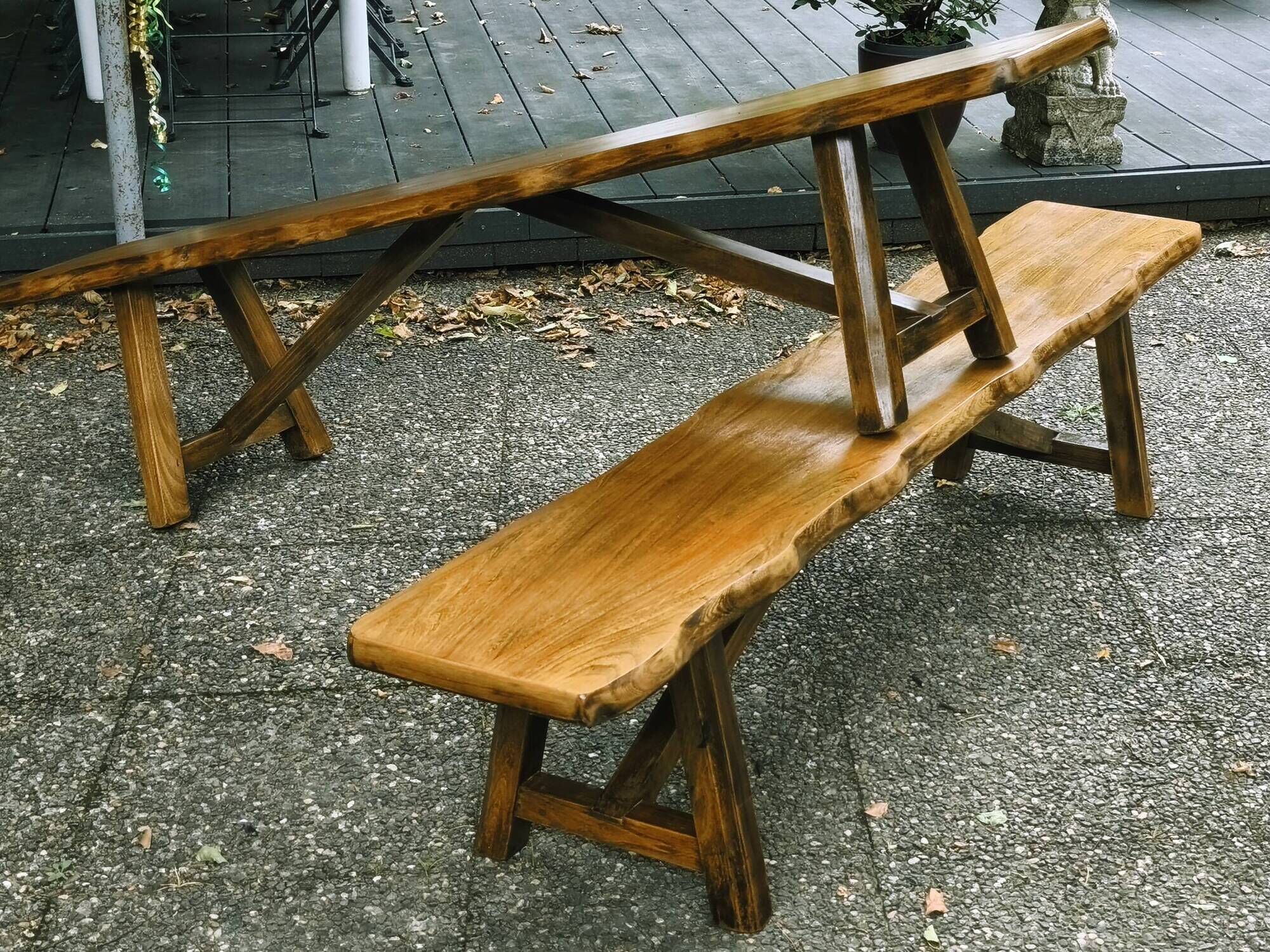 Pair of brutalist benches in solid blond elm by Aranjou, France, 1970s