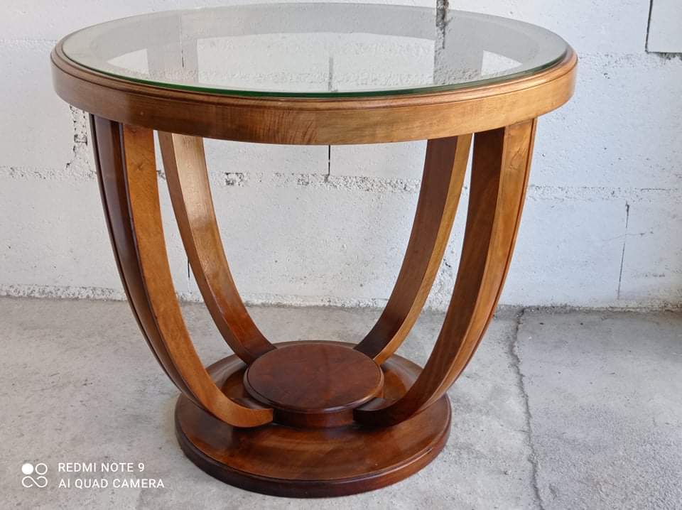 Modernist round pedestal table with glass top Ø75