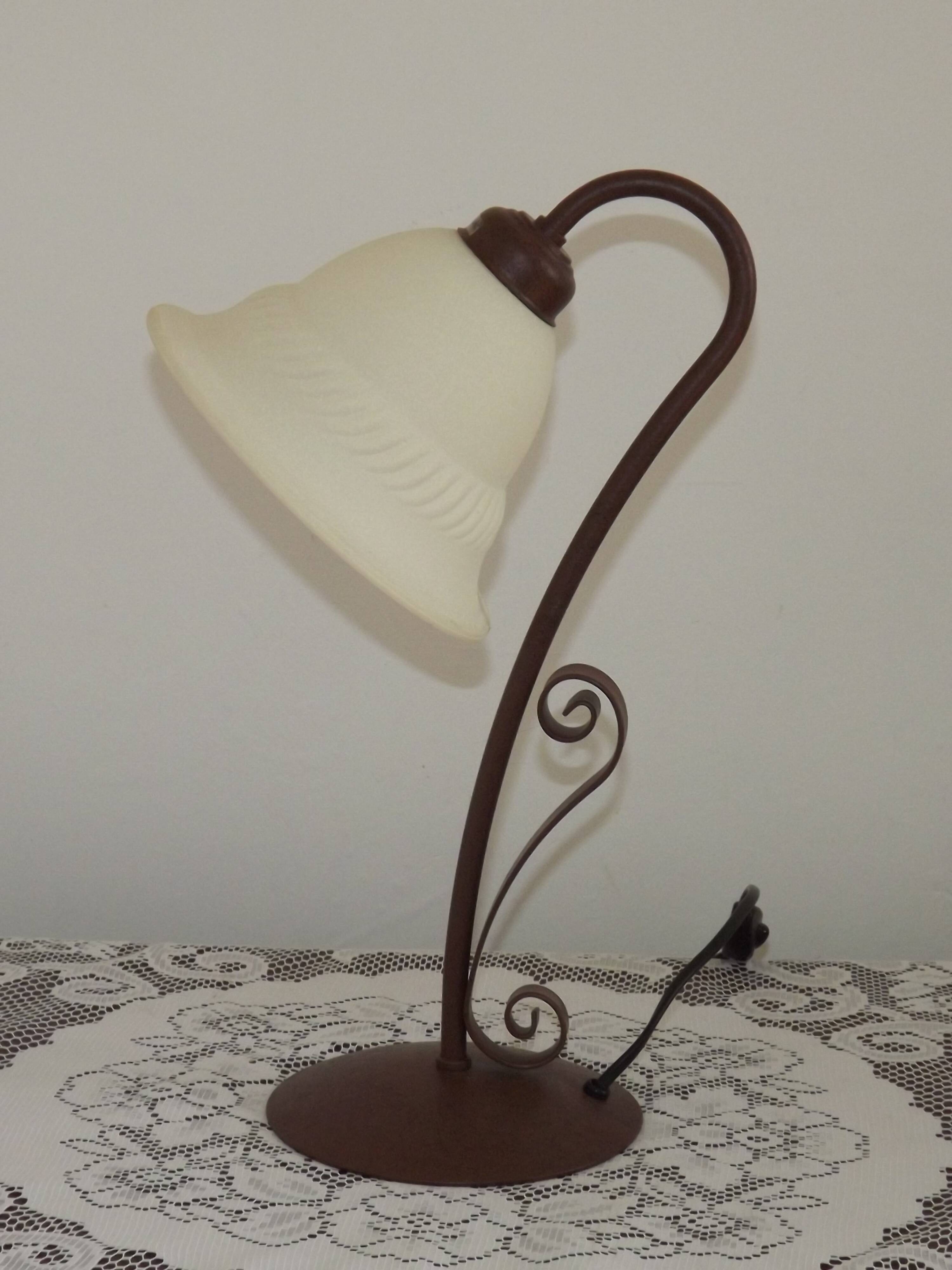 Vintage French Brown Metal Goose Neck Lamp With Textured Glass Shade