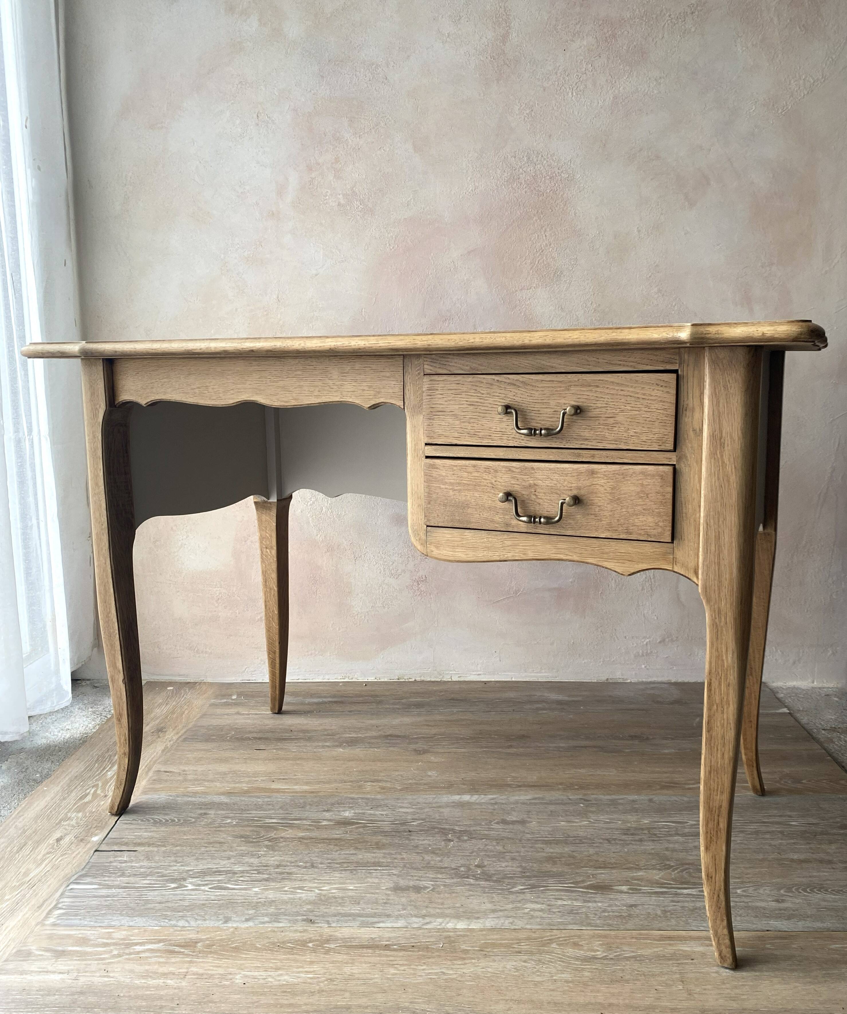 Antique 2-drawer desk in raw wood and beige, renovated.